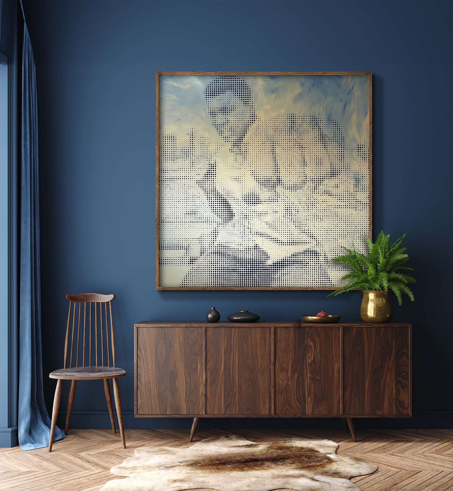 room with a painting of Muhammad Ali