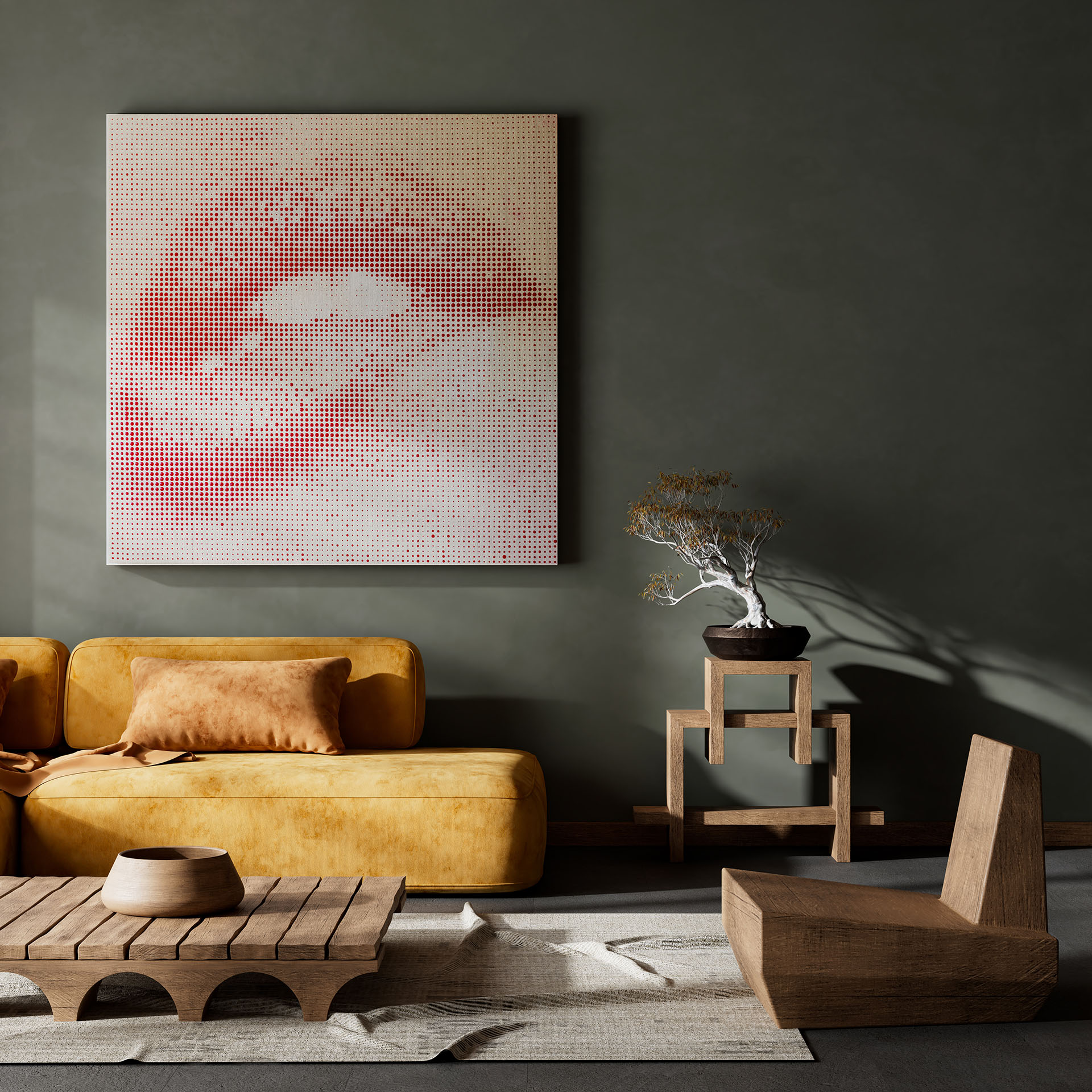 Desire Painting with a Mouth, Japanese style interior design with wooden furnitures and raw materials.